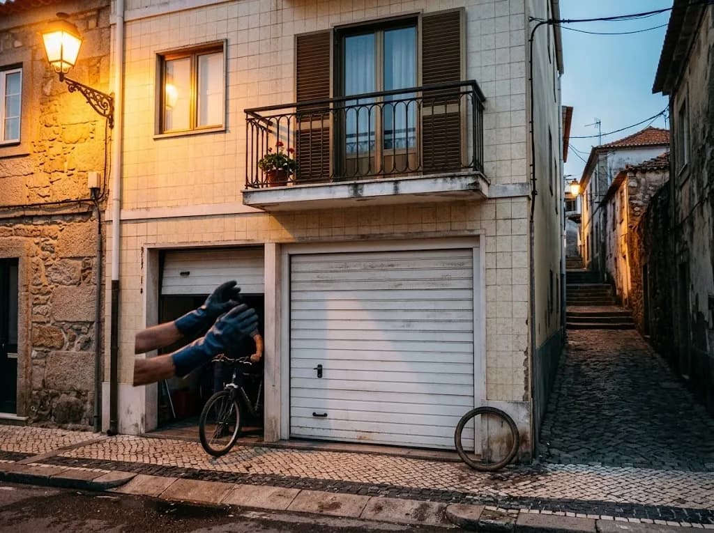 A porta da oficina numa rua empedrada das Caxinas