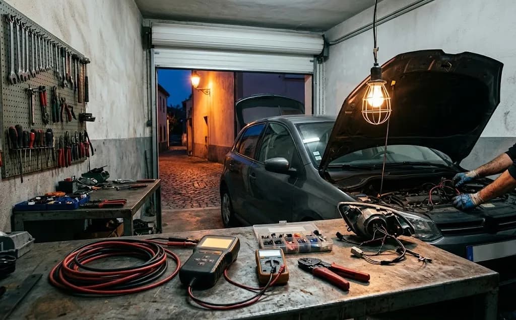 Bancada de eletricista auto com testador de baterias e cablagem